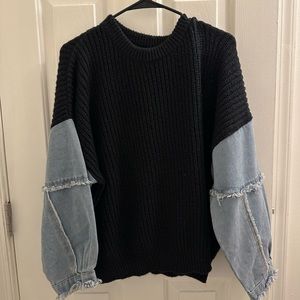 Denim Sleeve Crewneck Sweater